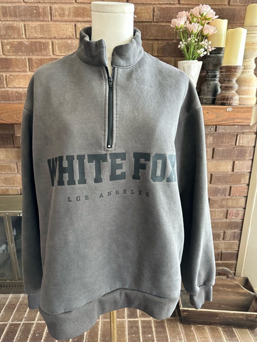 WHITE FOX Offstage Quarter Zip Sweatshirt Charcoal Grey Acid Wash XS/S